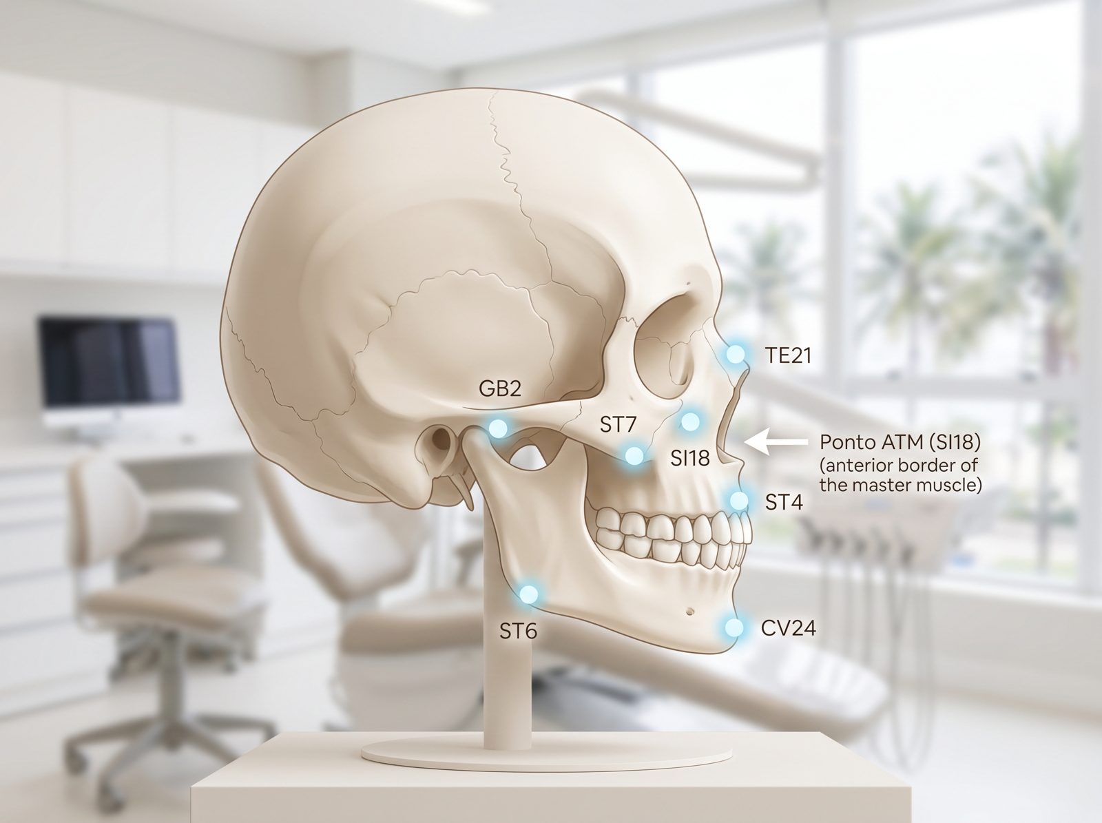 Ilustração anatômica de crânio com pontos de acupuntura da ATM e da musculatura mandibular