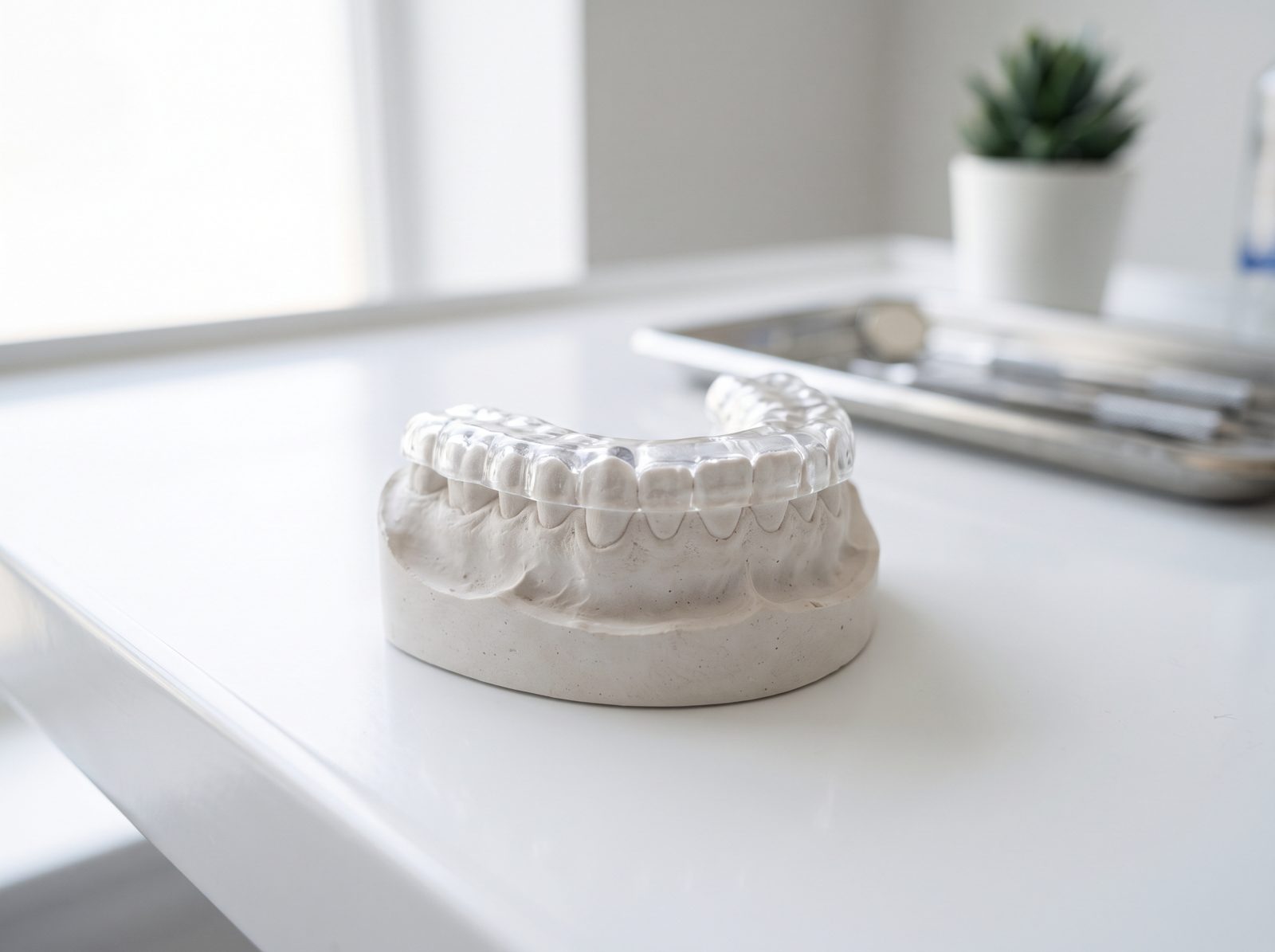 Placa oclusal transparente para bruxismo adaptada em modelo odontológico