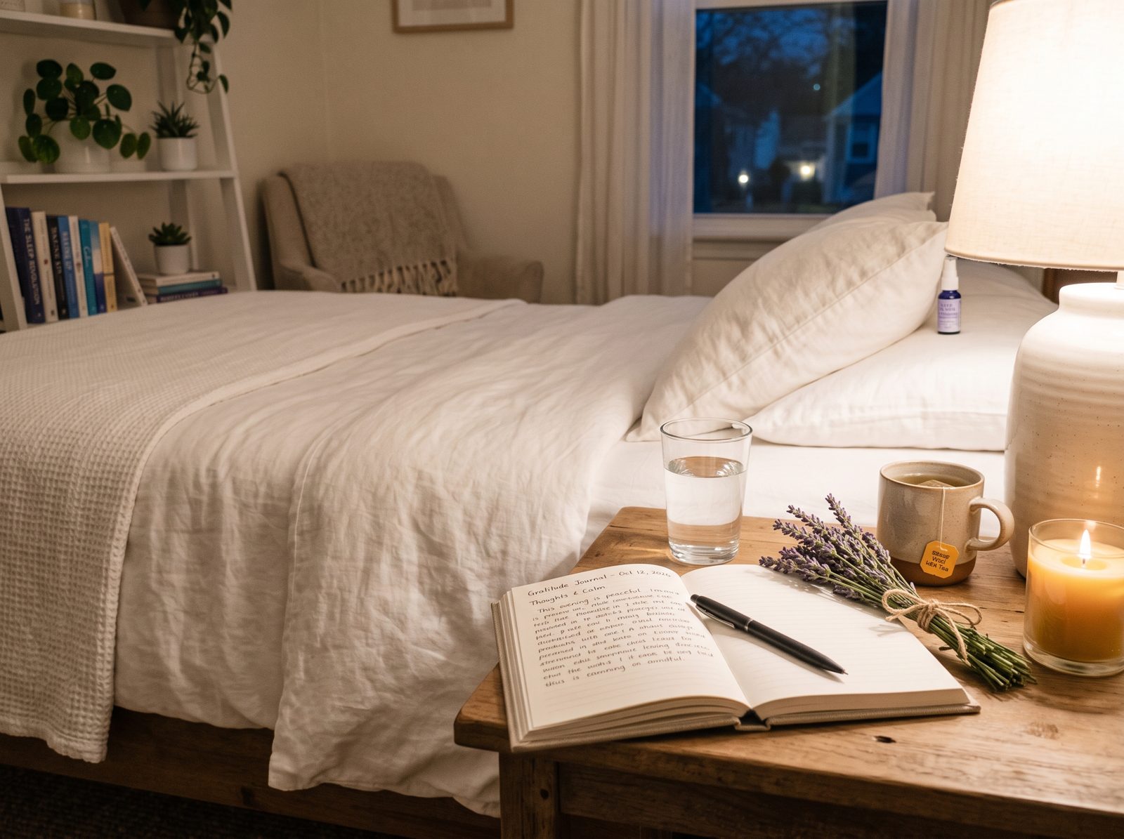 Rotina noturna calma, com ambiente propício para relaxamento e higiene do sono