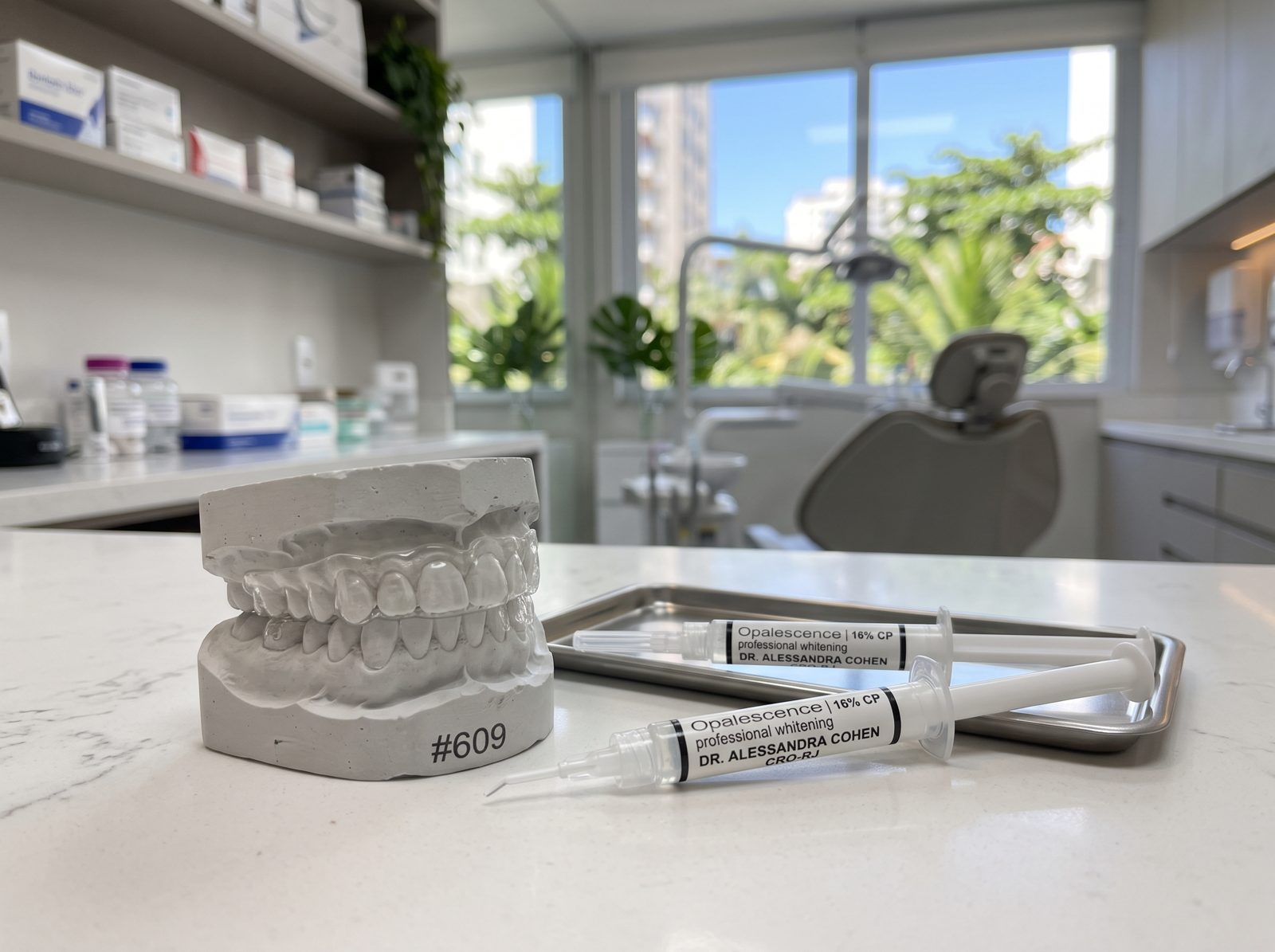 Moldeira transparente para clareamento dental caseiro supervisionado sobre modelo de gesso em bancada clínica